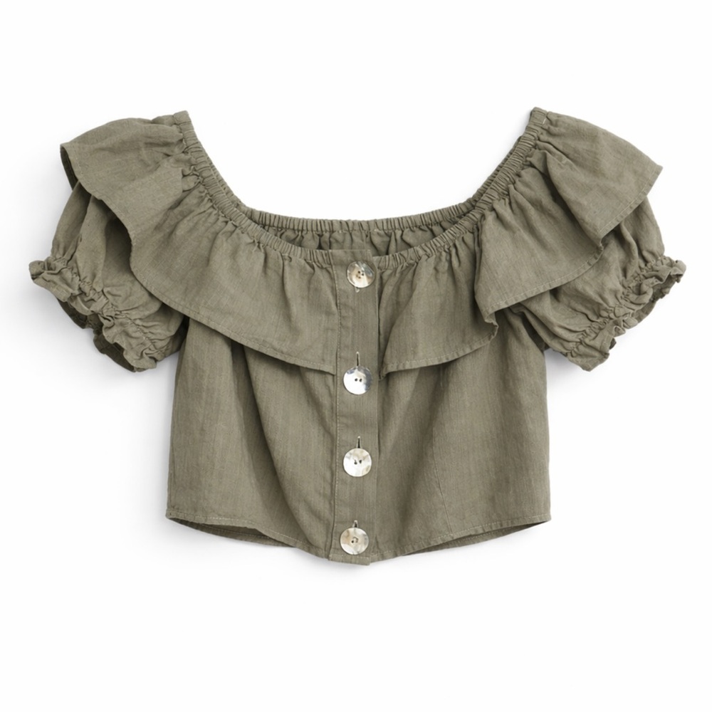 TOPSHOP | Olive Green Off-Shoulder Ruffle Top